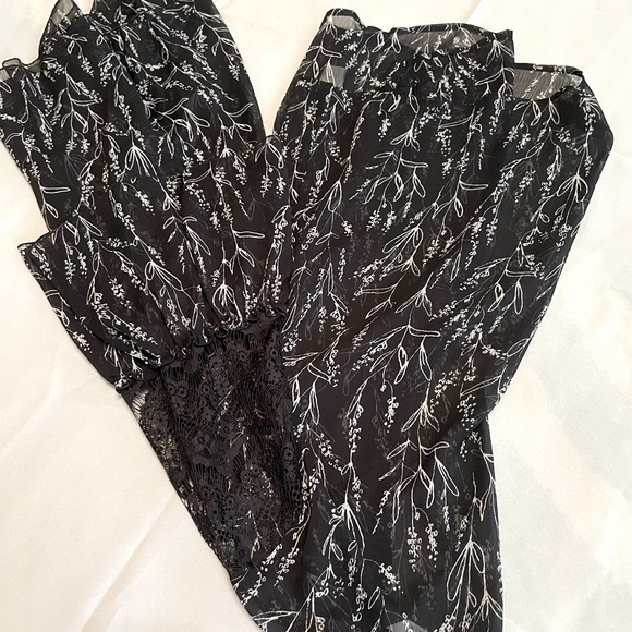 Zara black floral printed shirt metallic thread semi-sheer size xl - Picture 7 of 9